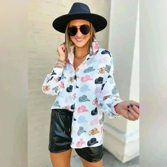 Button Down Cowboy Hat Print Blouse - Picture 1 of 11